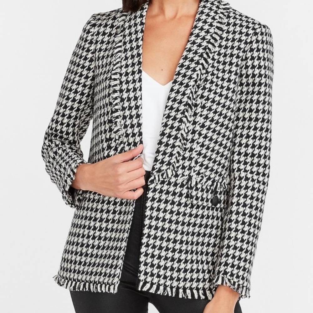 Express Houndstooth Frayed Trim Blazer, XS Petite